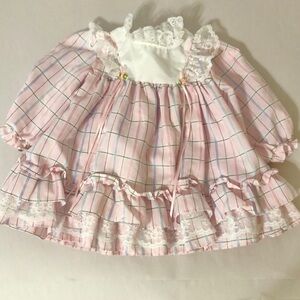 Vintage Pink Plaid 18 month baby girl Long Sleeve Dress with Lace trim & roses